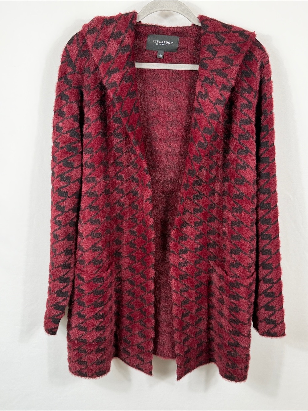 Liverpool NWT Burgundy and Black Houndstooth Open Cardigan. Womens Size L. Soft!
